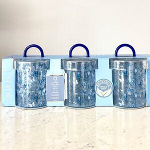 3 Glass Canisters 14.5.oz Jars Blue White Butterflies Birds Blue Handle Lids NIB